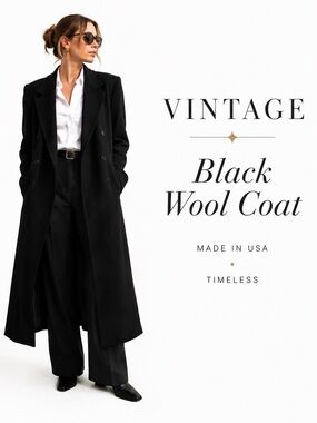 Collectibles long double breasted trench coat black wool blend VTG Full length